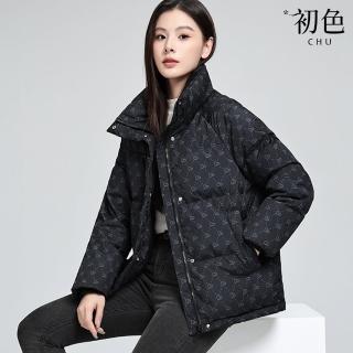 【初色】韓版印花寬鬆直筒立領防風保暖加厚科技羽絨棉外套女外套-共3色-39130(M-2XL可選)