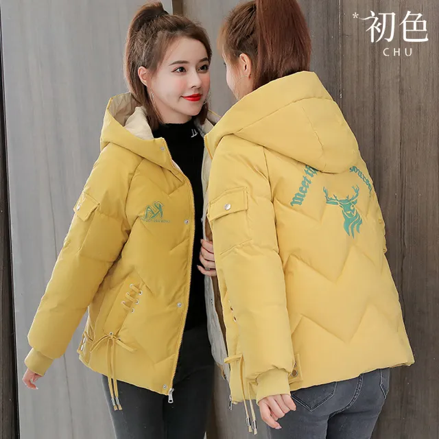 【初色】韓版純色休閒印花寬鬆加厚禦寒連帽長袖防風外套女外套-共4色-39173(M-3XL可選)