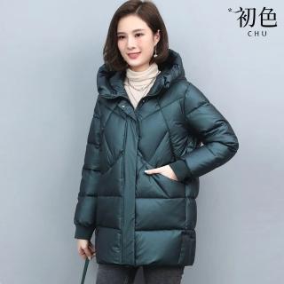【初色】簡約純色中長款連帽寬鬆保暖羽絨棉外套女外套-共4色-39122(M-3XL可選)