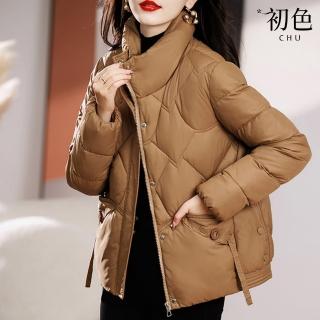 【初色】簡約純色短款立領寬鬆修身保暖加厚羽絨棉外套女外套-共4色-39128(M-2XL可選)