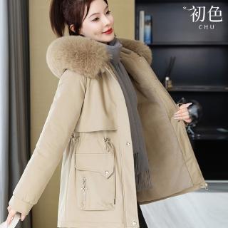 【初色】韓版棉服加絨抽繩拉鏈口袋連帽大毛領風衣長袖外套女外套-共5色-39179(M-3XL可選)