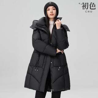 【初色】洋氣中長款純色拉鍊口袋立領長袖插肩袖連帽科技羽絨棉外套女外套-共5色-39158(M-3XL可選)