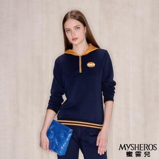 【MYSHEROS 蜜雪兒】造型上衣 撞色連帽拉鍊領設計 絲光星星刺繡(藍)