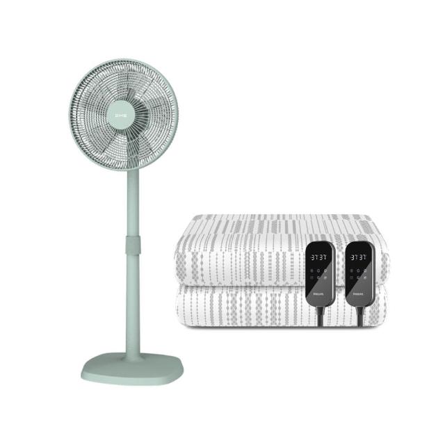 【Philips 飛利浦】14吋DC扇超值組-加大雙人雙控恆溫定時電熱毯+14吋DC擺頭扇(AHR3144ED+HLE100)