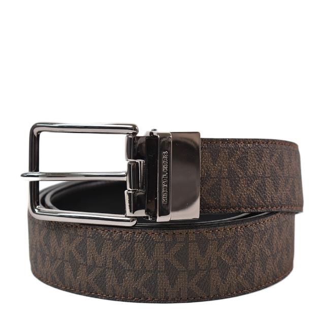 【Michael Kors】男款 緹花LOGO防刮皮革雙面用皮帶-咖啡色/銀釦