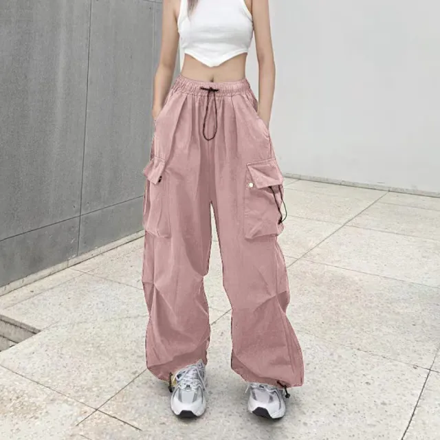 【amica】美式工裝休閒褲 女褲 女長褲 休閒長褲 美式穿搭 高腰直筒褲 抽繩工裝褲拖地褲(運動休閒褲)