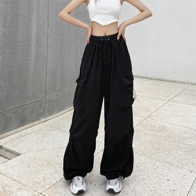 【amica】美式工裝休閒褲 女褲 女長褲 休閒長褲 美式穿搭 高腰直筒褲 抽繩工裝褲拖地褲(運動休閒褲)