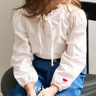 【BebeZoo】愛心刺繡荷葉領蝴蝶結白長袖上衣(TM2408-183)