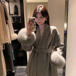 【巴黎精品】現貨+預購 羊毛大衣毛呢外套(保暖可拆卸狐狸毛袖綁帶雙面絨氣質女外套3色a1ik37)