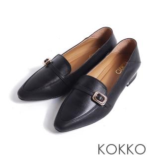 【KOKKO】復古異材質拼接微寬楦尖頭樂福鞋(黑色)