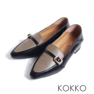 【KOKKO】復古異材質拼接微寬楦尖頭樂福鞋(黑灰色)