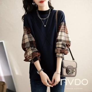 【NVDO】現貨 拼接格紋袖寬鬆圓領上衣(M-2XL/長袖上衣/F271)