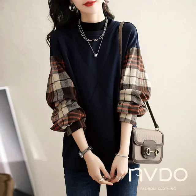 【NVDO】現貨 拼接格紋袖寬鬆圓領上衣(M-2XL/長袖上衣/F271)