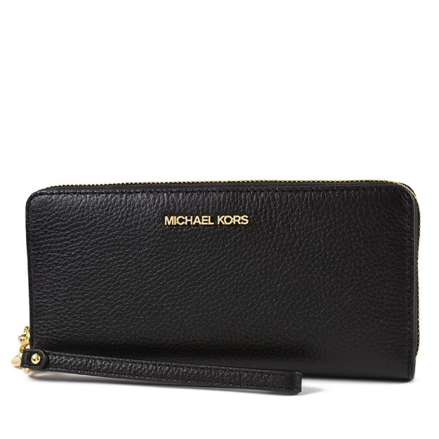 【Michael Kors】金字小LOGO荔枝紋多卡層手掛式拉鍊長夾-黑色