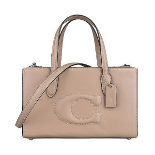 【COACH】COACH NINA浮雕C字LOGO滑面牛皮拉鍊磁吸式手提斜背托特包(小/灰褐)