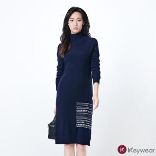 【KeyWear 奇威名品】不對稱設計圖騰針織長袖洋裝
