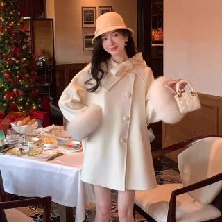 【巴黎精品】現貨+預購 羊毛大衣毛呢外套(保暖狐狸毛袖千金蝴蝶結綁帶造型領口女外套3色a1ik44)