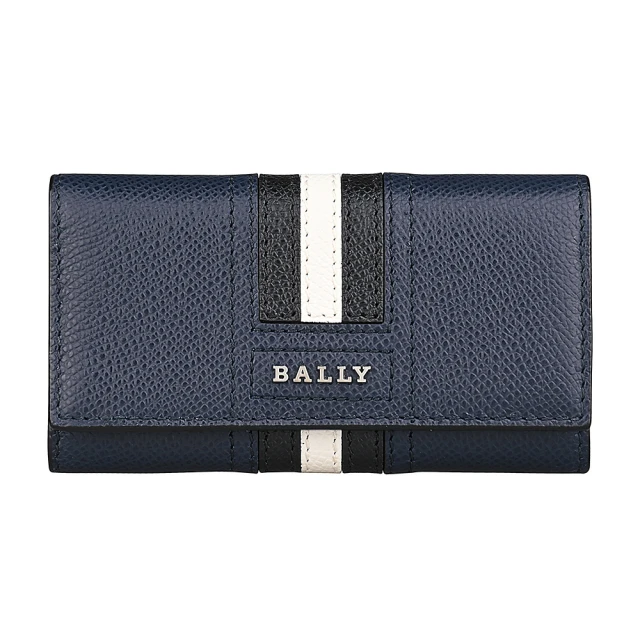 BALLY BALLY TALTOS LOGO釦式條紋防刮牛皮4鉤三折鑰匙包(深藍x黑白條紋)