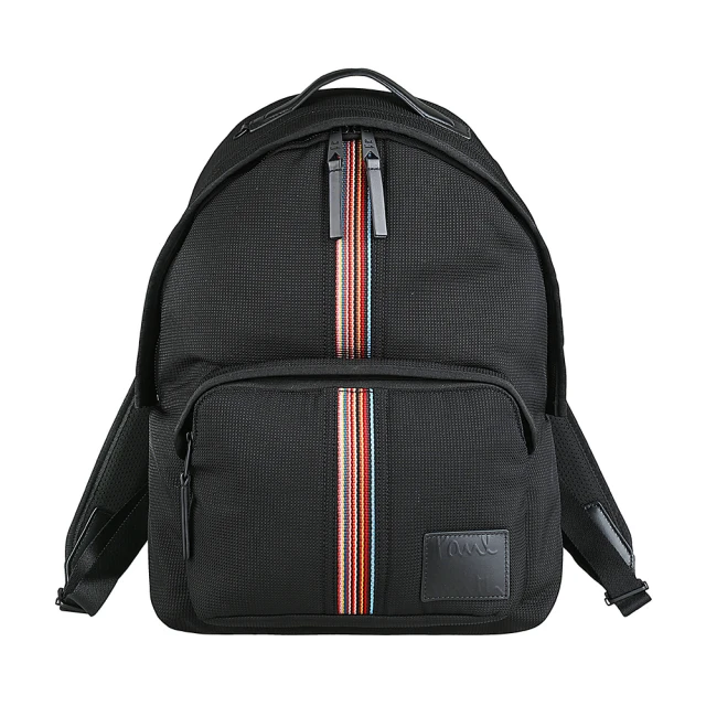 Paul Smith PAUL SMITH皮革LOGO拉鍊條紋聚醯胺網布飾牛皮邊後背包(黑)