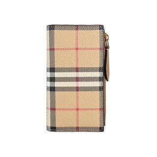 【BURBERRY 巴寶莉】BURBERRY內裡金字母LOGO都市格紋設計PVC搭小牛皮飾邊10卡扣式拉鍊中夾(米x棕)