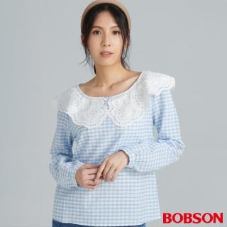 【BOBSON】女款蕾絲領片格子上衣(82073-58)