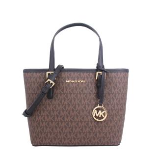 【Michael Kors】JET SET TRAVEL系列金字LOGO PVC拼接皮革 手提包 / 斜揹包 / 小托特(咖/黑)