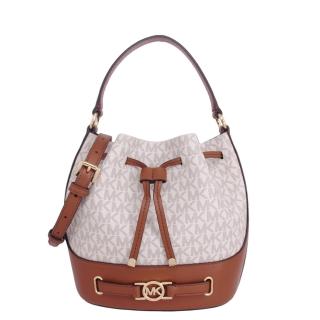 【Michael Kors】REED系列金字LOGO PVC拼接皮革 手提包 / 斜背包 / 水桶包(字母白)