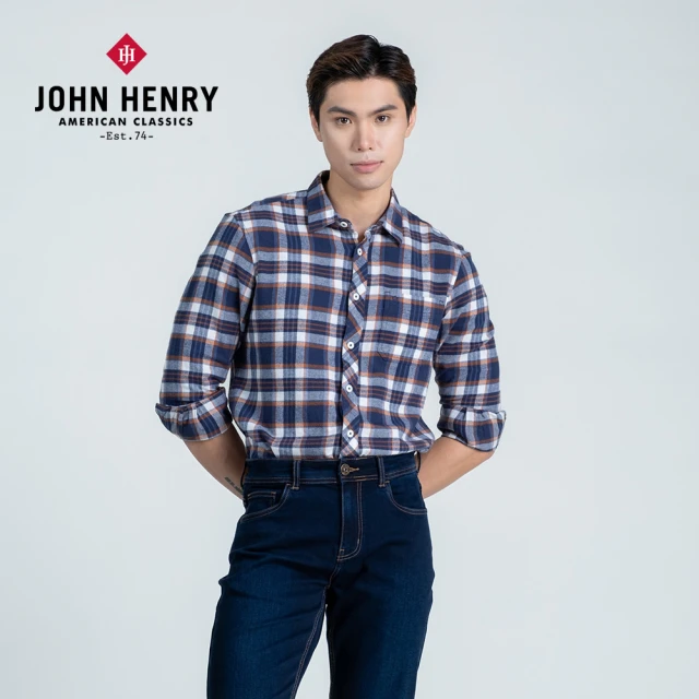 JOHN HENRY 經典格紋長袖襯衫-藍色