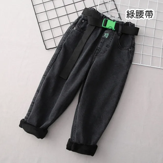 【橘魔法】腰帶刺繡字母牛仔棉絨長褲(大童 褲子 縮口褲 長褲 厚長褲 牛仔褲 男童 兒童 童裝)