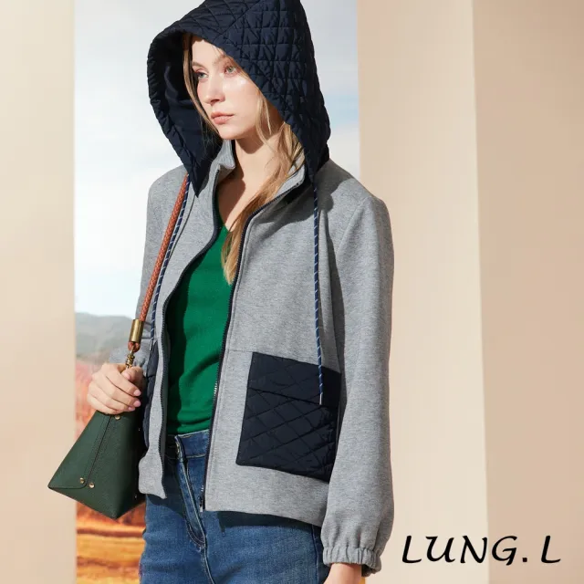 【LUNG.L 林佳樺】LQ74C灰色拼接藍色連帽女裝外套(秋冬新品 保暖)
