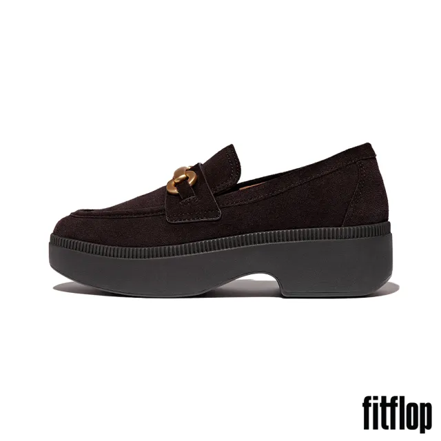 【FitFlop】F-LUMA 馬銜扣麂皮方頭厚底樂福跟鞋-女(巧克力棕)