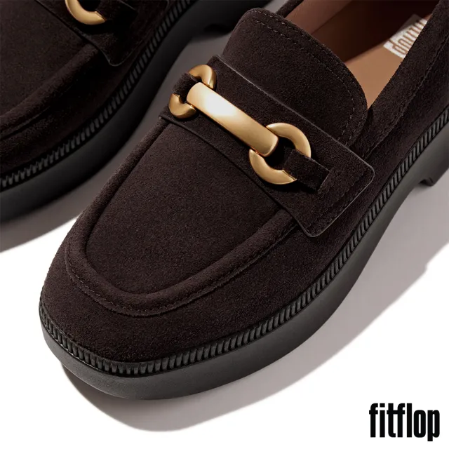 【FitFlop】F-LUMA 馬銜扣麂皮方頭厚底樂福跟鞋-女(巧克力棕)