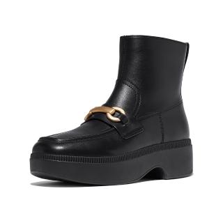 【FitFlop】F-LUMA 馬銜扣皮革方頭厚底踝靴-女(黑色)