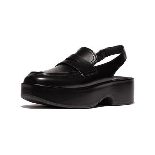 【FitFlop】F-LUMA 皮革方頭厚底露跟樂福鞋-女(黑色)