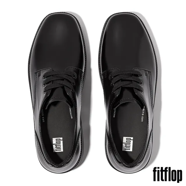 【FitFlop】F-LUMA 繫帶皮革方頭厚底德比鞋-女(黑色)