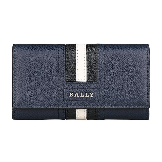 【BALLY】BALLY TALTOS LOGO釦式條紋防刮牛皮4鉤三折鑰匙包(深藍x黑白條紋)