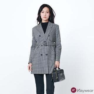 【KeyWear 奇威名品】經典格紋雙排釦設計款長版長袖風衣