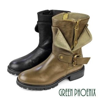 【GREEN PHOENIX 波兒德】女 短靴 工程靴 機車靴 騎士靴 厚底 牛皮 全真皮 拉鍊 大翻領(深綠、黑色)