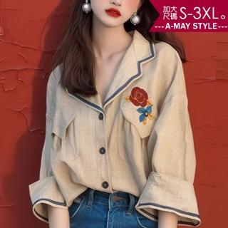 【艾美時尚】秋新品 中大尺碼女裝 上衣 法式時尚優雅印花七分寬袖設計感襯衫。S-3XL(杏.預購)