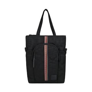 【Paul Smith】PAUL SMITH皮標LOGO拉鍊條紋織帶聚醯胺網布手提肩背托特包(黑)