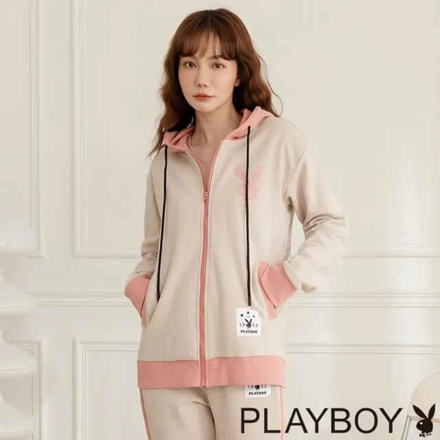 【PLAYBOY】內刷毛貼布繡衛衣外套(杏色)