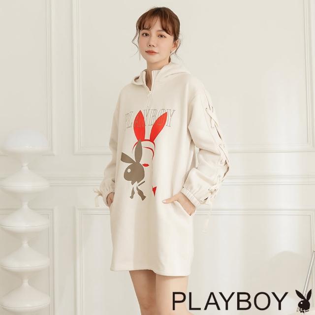 【PLAYBOY】內刷毛率性印花連帽衛衣(灰奶茶色)