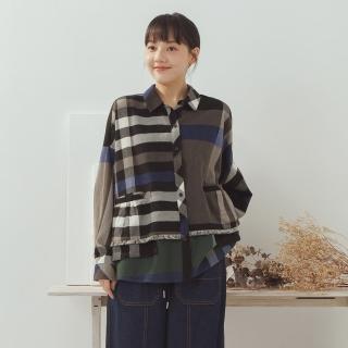 【MOSS CLUB】大格紋口袋布露出流蘇落肩長袖襯衫(黑 綠 黃)