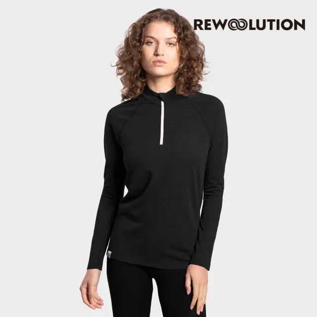 【Rewoolution】女 SEFTON 230g長袖半開襟(黑色)羊毛衣 長袖半開襟 登山 吸濕排汗(REEB2WC90)