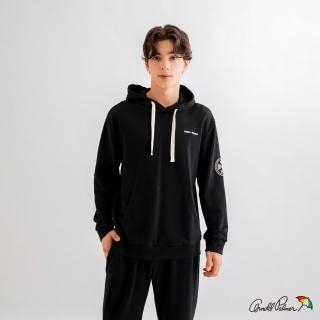 【Arnold Palmer 雨傘】男裝-草寫LOGO印花連帽大學T(黑色)