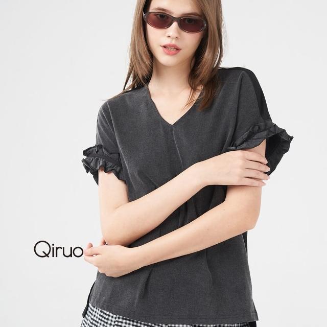 【Qiruo 奇若名品】秋冬專櫃黑色短袖上衣2414A 袖子小荷葉設計(M-2XL)