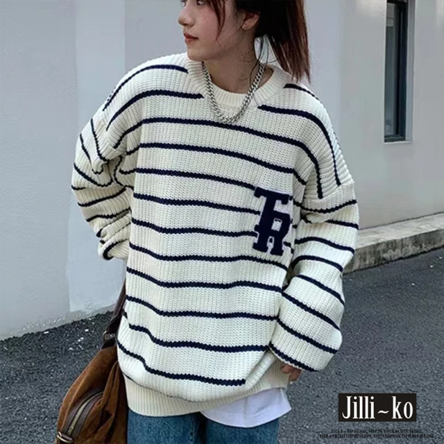 JILLI-KO 新款復古日系條紋字母寬鬆慵懶風針織毛衣-F(白)