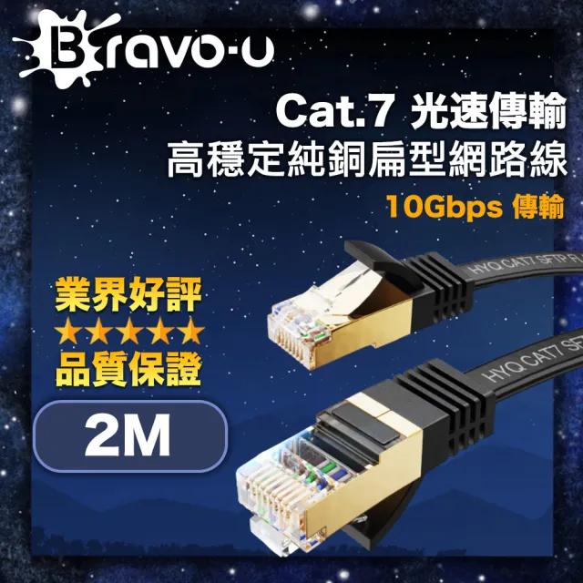 【Bravo-u】Cat.7 光速傳輸10Gbps高穩定純銅扁型網路線 黑 2M