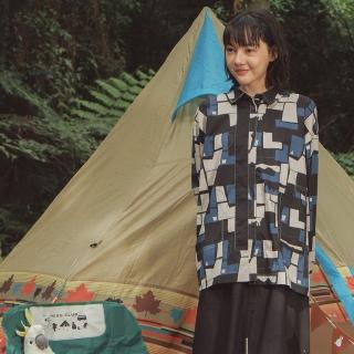 【MOSS CLUB】臺灣開布幾何印花開襟長袖襯衫(藍 黃/魅力商品)