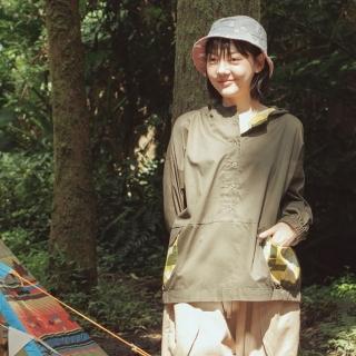 【MOSS CLUB】臺灣開布幾何印花連帽長袖上衣(藍 綠)